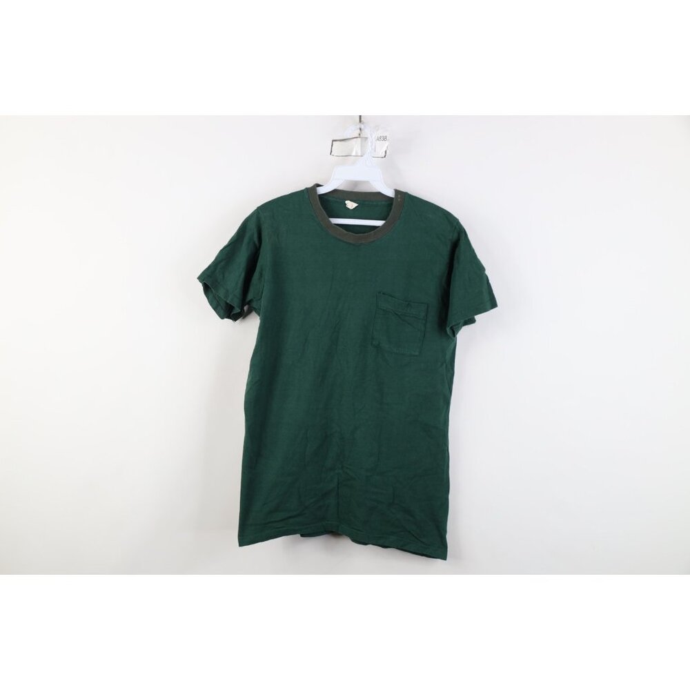 Vintage 70s Streetwear Mens Large Faded Blank Ringer T-Shirt Green Cotton USA